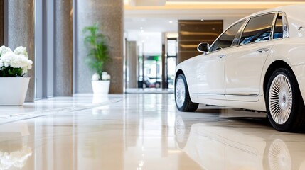 Elegant Luxury Car Parked in a Sophisticated Hotel Lobby Reflecting Modern Design : Generative AI
