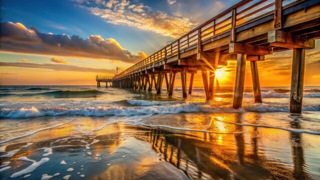 Warm golden light of sunrise peeks over the historic pier at St Augustine Beach as waves gently lap against the weathered wood beams , sunrise, morning light
