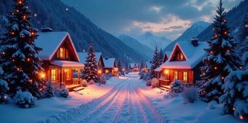 Fototapeta premium Snowy village at dusk with festive lights and decorations , lights, merry christmas, snowflakes