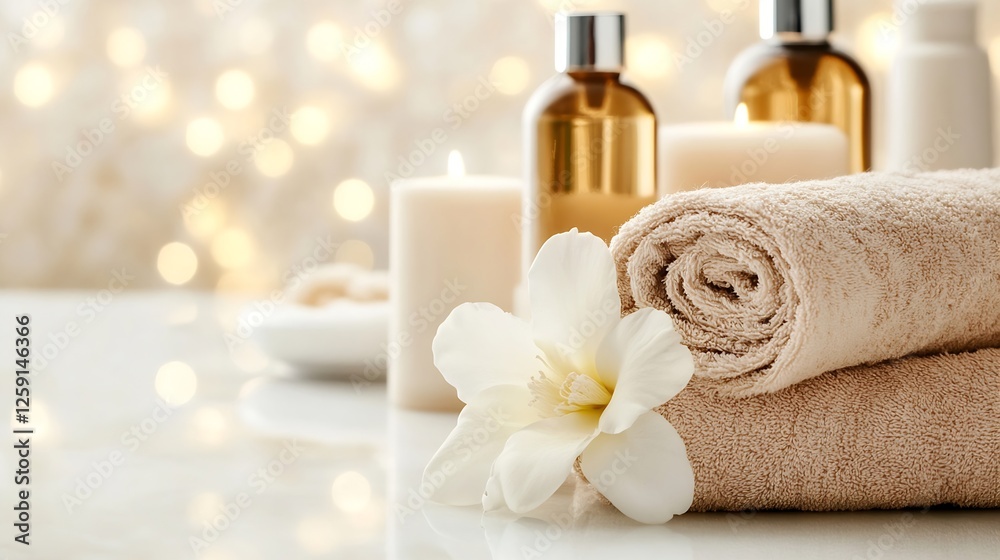 Aufkleber Serene Spa Essentials with Soft Towels Fragrant Bottles and Delicate Flower on Stylish Table : Generative AI