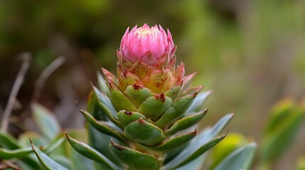Beautiful Close Up of Pink Flower Blooming on a Green Succulent with Soft Background : Generative AI
