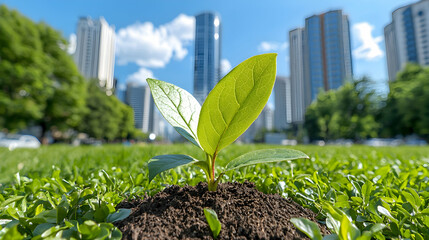 Sapling grows in city park; urban nature (1)