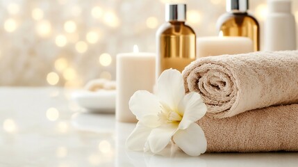 Serene Spa Essentials with Soft Towels Fragrant Bottles and Delicate Flower on Stylish Table : Generative AI