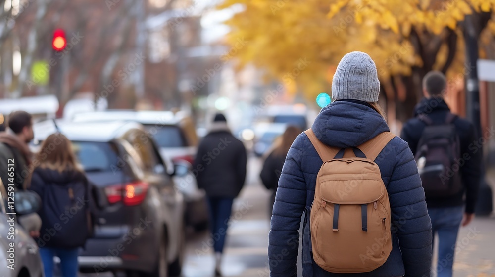 Aufkleber man walking through autumn street with backpack and traffic : generative ai