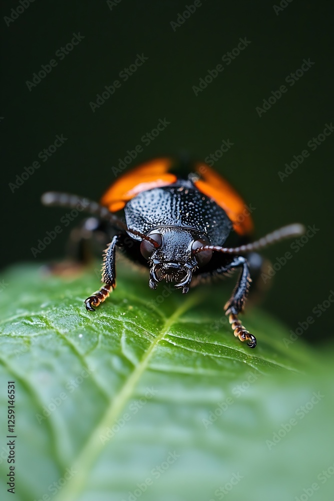 Poster close-up of vibrant beetle resting on green leaf with detailed features : generative ai