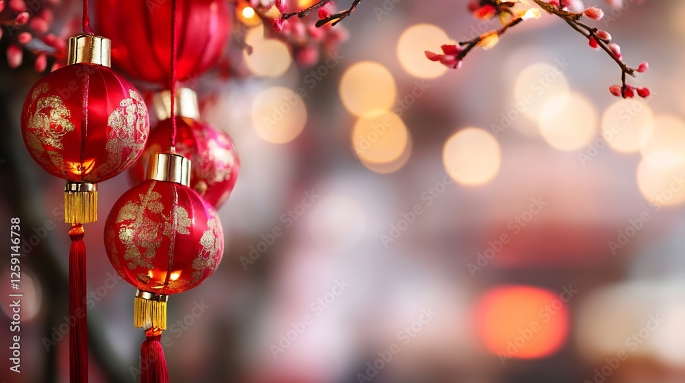 Poster Vibrant Chinese Lanterns Decorated for Celebration with Soft Bokeh Background : Generative AI