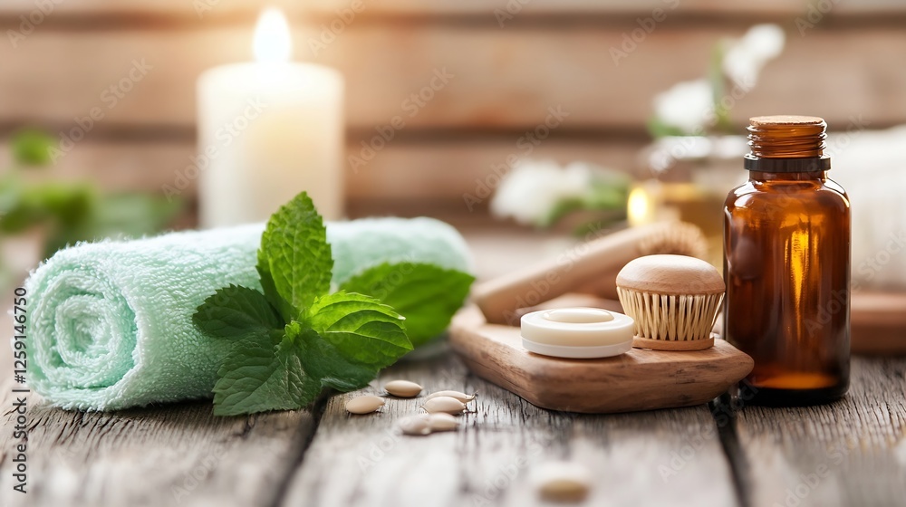 Aufkleber Natural Spa Setting with Essential Oils Candles and Towels for a Relaxing Experience : Generative AI