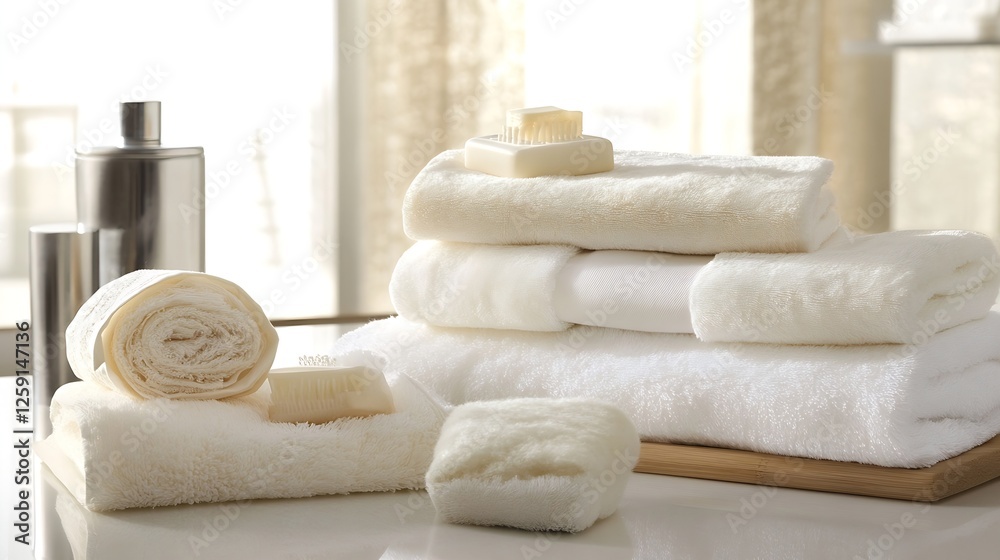 Poster Neatly arranged soft towels and spa essentials on a bright surface : Generative AI