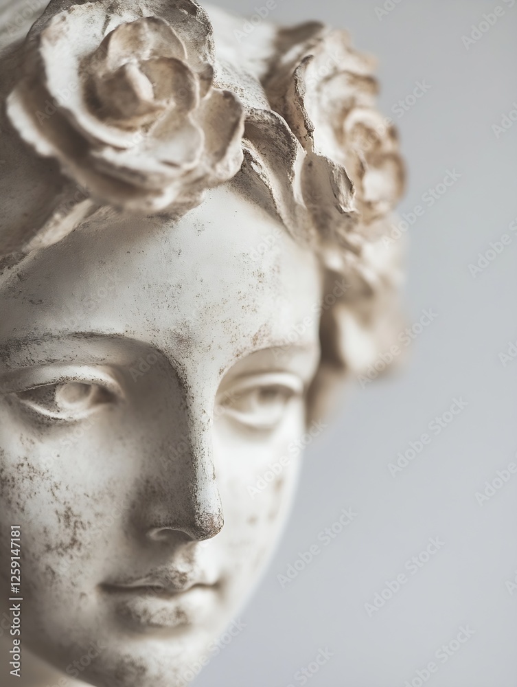 Poster artistic close up of a vintage statue with floral elements and serene expression : generative ai
