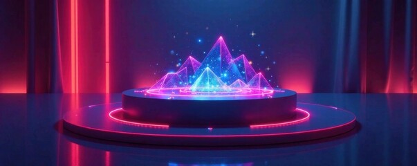 Sleek, high-tech podium with holographic display and ambient light, holographic display, LED lights, ambiance