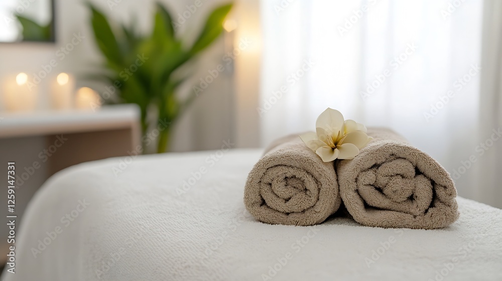 Poster Spa Setup with Soft Towels and a Flower in a Calm and Inviting Environment : Generative AI