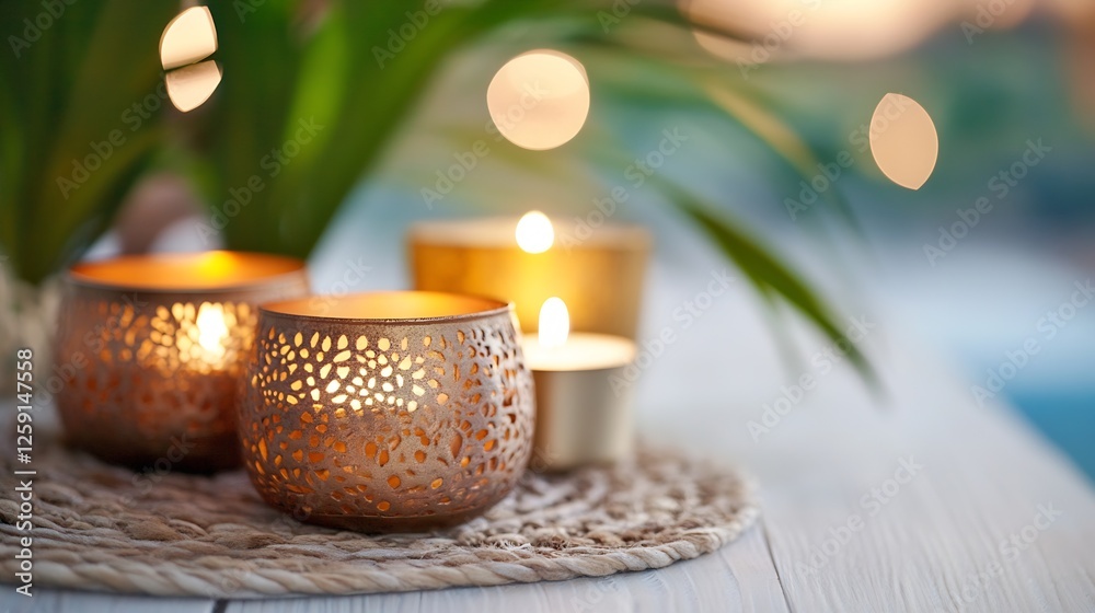 Aufkleber Relaxing ambiance with lit candles and decorative lanterns for a cozy setting : Generative AI