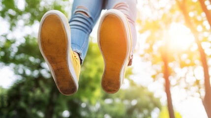Energetic Young Person Jumping in Air with Sneakers in Vibrant Forest Setting : Generative AI