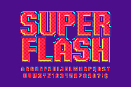 Pixel stylized vector alphabet design. High contrast and sharp, retro-futuristic.