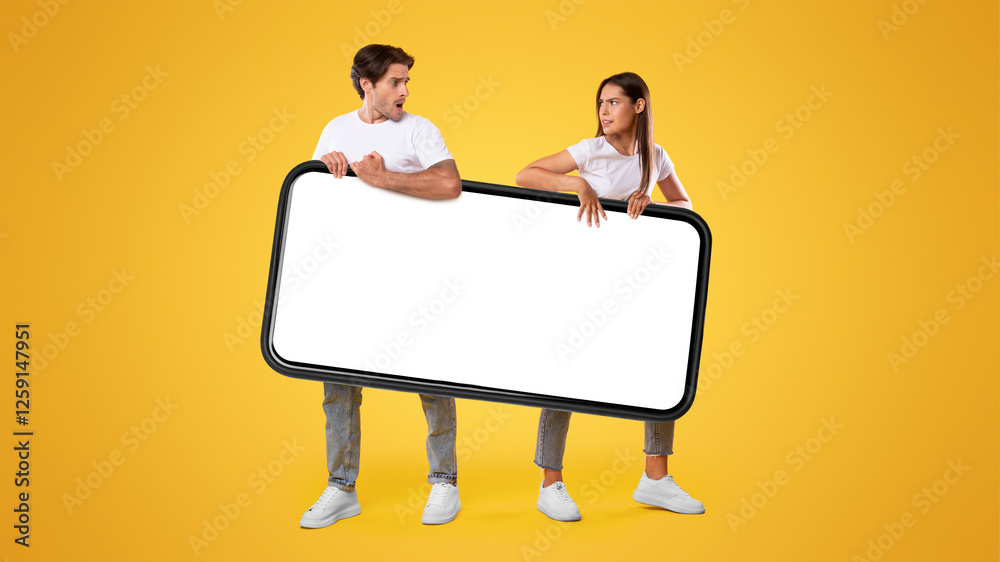 Poster It's Mine. Couple holding big smartphone with white empty screen on yellow orange studio background fighting for gadget pulling device in different directions. Mock up display template, banner