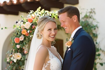 Bride and groom share a joyful moment under a floral archway in rustic setting