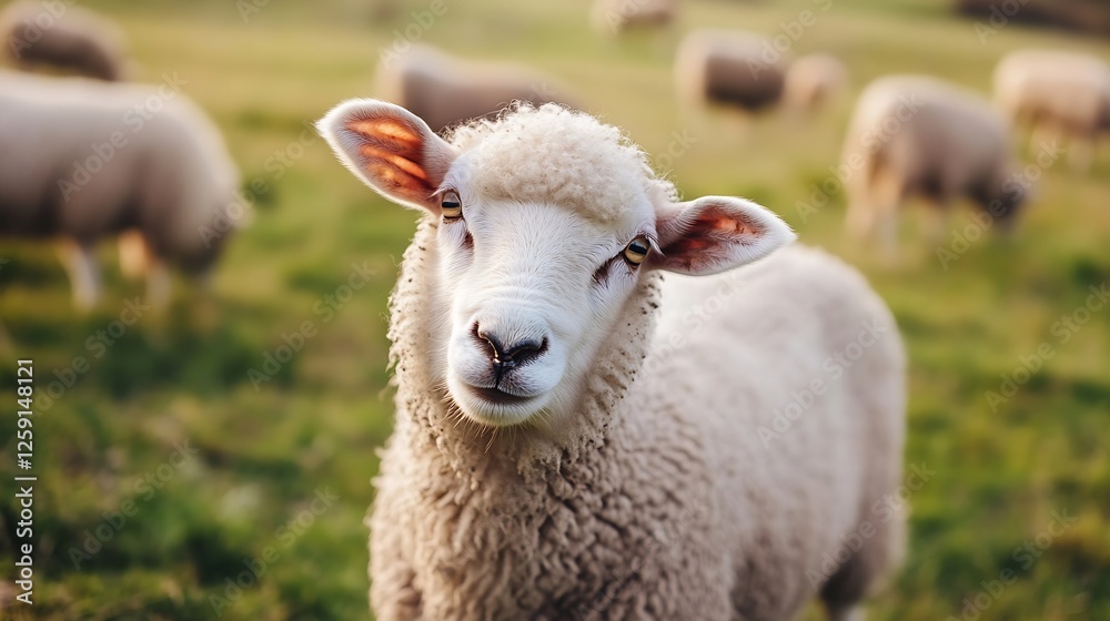 Poster Friendly sheep in a green pasture with a blurred background of grazing flock : Generative AI