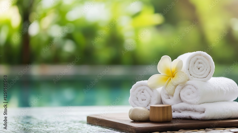 Poster luxurious spa setting with rolled towels and tropical decor for relaxation : generative ai