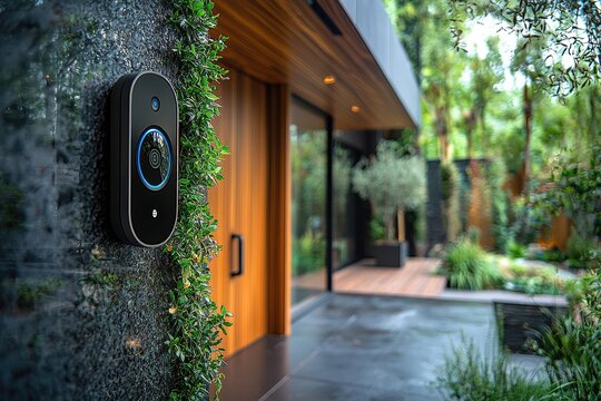 Modern smart video doorbell enhancing security at contemporary residence