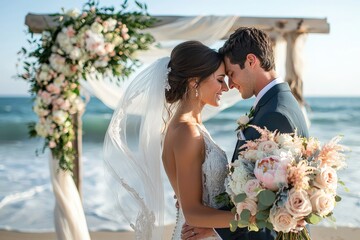 Bride and groom share a tender moment by the ocean with wedding arch