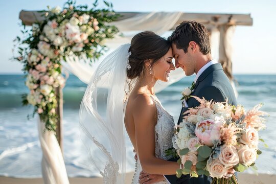 Bride and groom share a tender moment by the ocean with wedding arch - Powered by Adobe