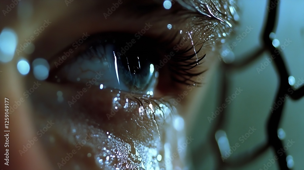 Poster close up of a human eye with water drops and a mesh in the background revealing intense emotions : g