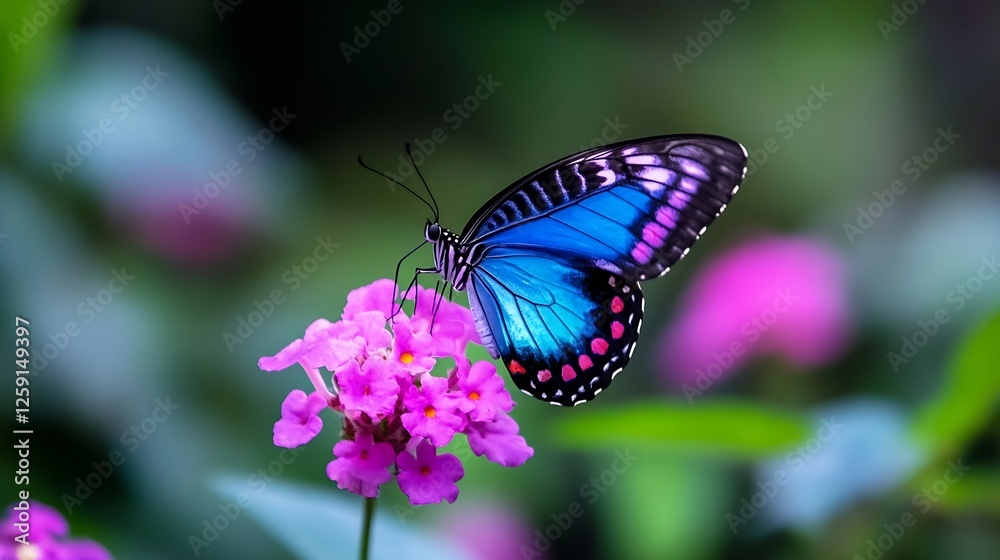 Poster vibrant blue butterfly perched on a pink flower creating a stunning contrast in a lush garden settin