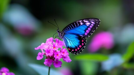 Naklejka premium Vibrant Blue Butterfly Perched on a Pink Flower Creating a Stunning Contrast in a Lush Garden Setting : Generative AI