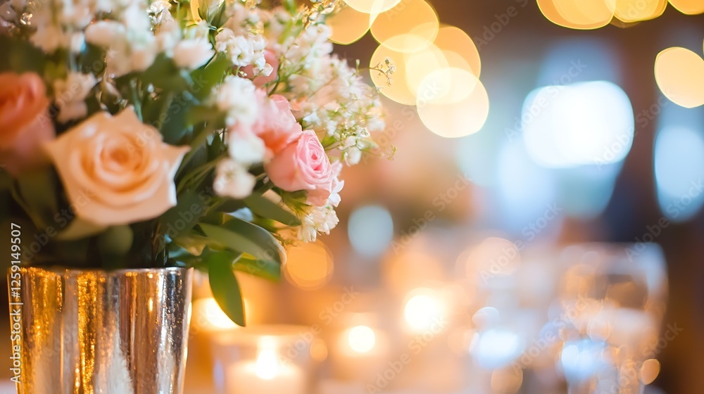 Poster beautiful bouquet of roses and white flowers in a stylish vase with warm bokeh background : generati
