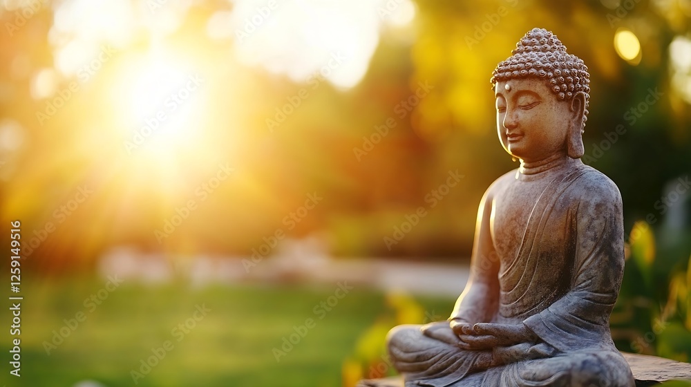 Poster serene buddha statue with soft sunlight glowing in a beautiful garden : generative ai