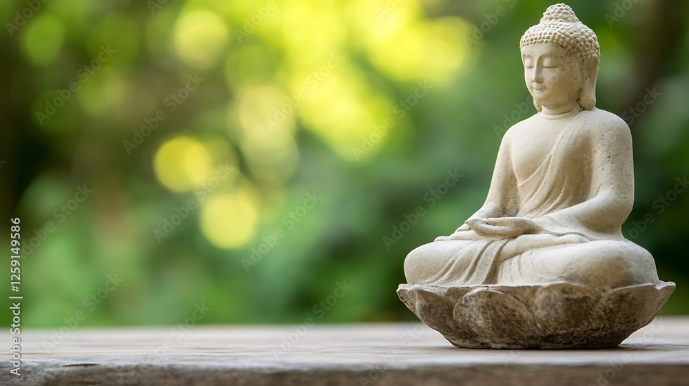 Poster serene buddha statue amidst garden with soft green blurred background : generative ai