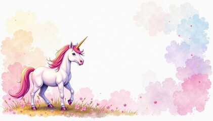 Soft watercolor effect on a delicate unicorn outline, vector, fantasy, mystical
