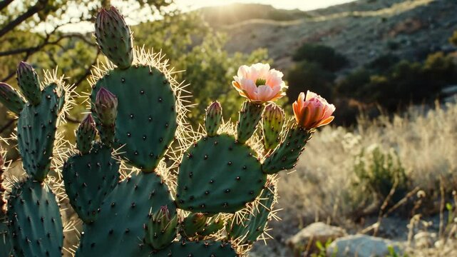 Cactus blooms in the desert during golden hour with sunlight illuminating spines and flowers
