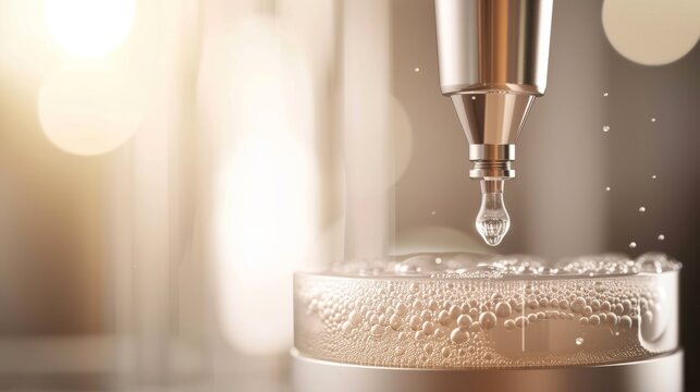 A close-up of a high-tech scientific device releasing a droplet into a petri dish, symbolizing precision, skincare research, and advanced beauty science. AI generated.