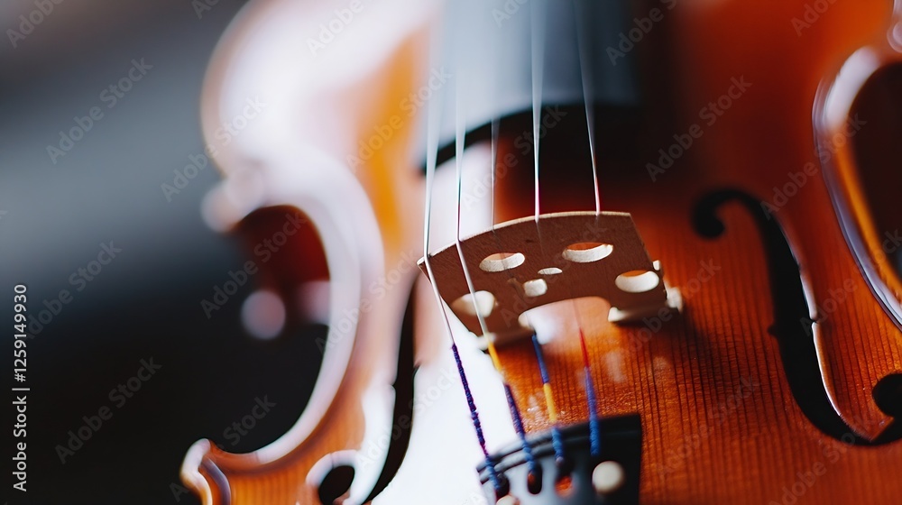 Poster Close up view of a handcrafted wooden violin showcasing its intricate craftsmanship and strings ready to play music : Generative AI