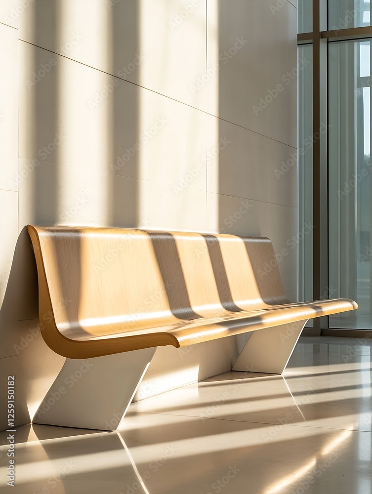 Poster modern minimalist wooden bench in bright sunlight creating soft shadows : generative ai