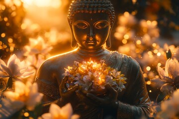 Buddha statue holding flowers, sunset garden