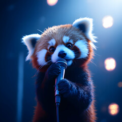 Cute Red Panda Holding Microphone on Stage with Bright Lights and a Playful Expression