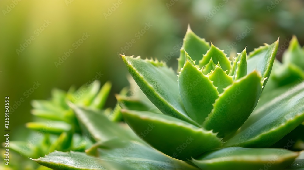 Poster bright green succulent plant growing in natural light with a soft focus background creating a calm v