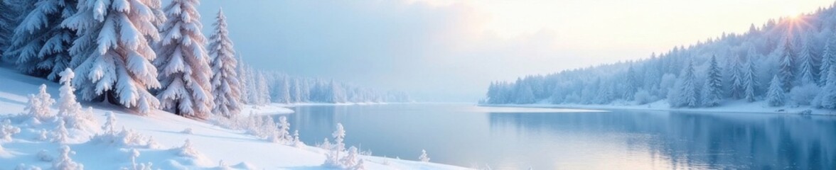Snowy landscape with frosty trees and icy lake, peaceful, cold