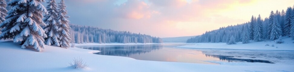 Fototapeta premium Snowy landscape with frozen lake and trees in the background, serene, lake