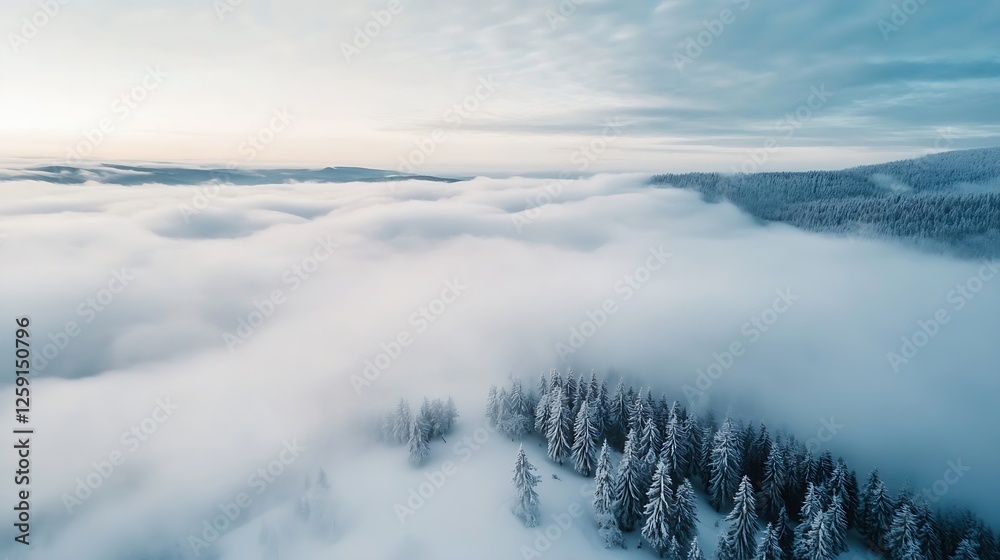Poster stunning aerial view of misty forest covered in snow on a cold winter day : generative ai