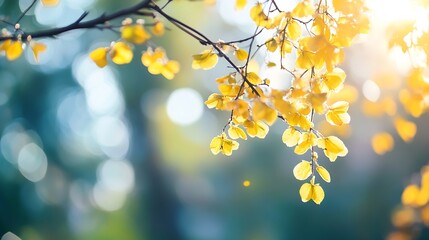 Fototapeta premium Close Up of Golden Yellow Leaves Glowing in the Soft Light of Fall with Bokeh Background : Generative AI