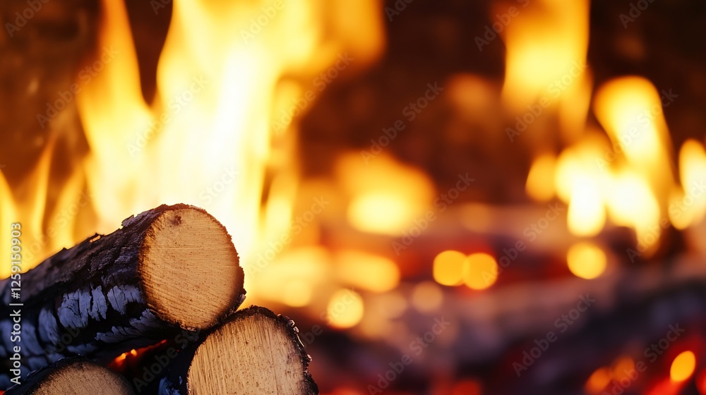 Poster cozy and warm campfire with bright flames and logs on the foreground creating a serene atmosphere : 