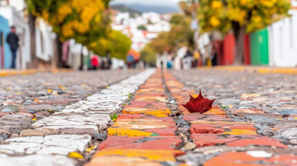 Colorful cobblestone street with a single red leaf, out-of-focus buildings and trees in the background.