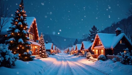 Fototapeta premium Snowy village scene with Christmas decorations and lights, winter wonderland, snowflakes