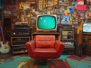 Maximally composed home or garage studio with musical instruments and equipment with chair in center and a TV with blank screen. AI generated retro shot style image.