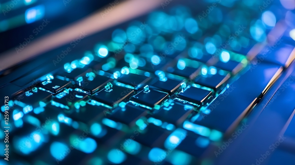Poster Close Up of a Modern Computer Keyboard with Vibrant Blue Backlighting : Generative AI