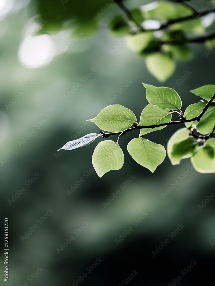 Aufkleber fresh green leaves on branch captured in soft natural light for nature and relaxation themes : gener
