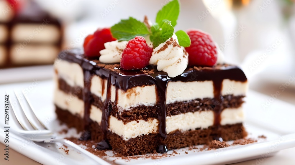Poster decadent layer cake topped with chocolate and fresh raspberries for dessert lovers : generative ai